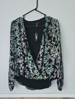 White House Black Market Black Floral Wrap Blouse with Green and Cream Accents